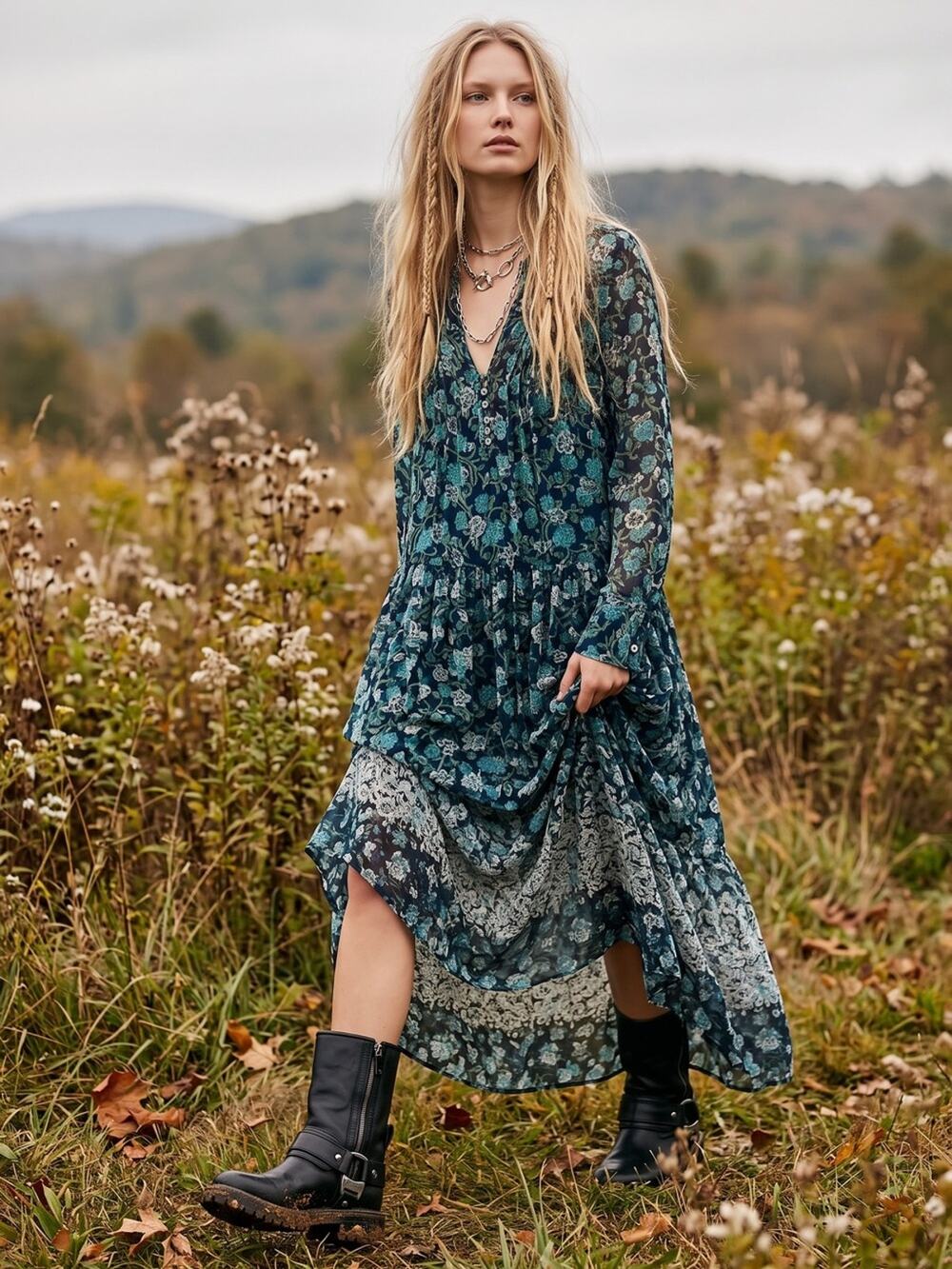 Free people Bohemian See it through Maxi Dress Twilight Floral Large Retro 70s